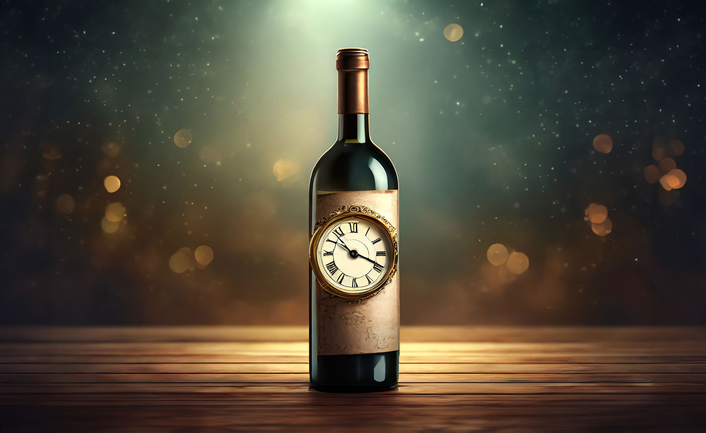 Wine bottle aging with clock face