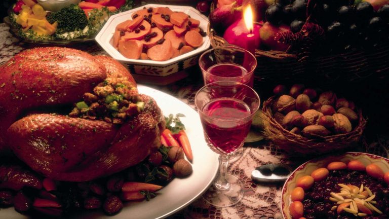 Wine glasses on a Thanksgiving dinner table