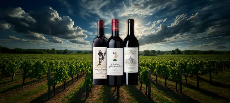 Three Bordeaux red wines—Domaine de Chevalier 2022, Château d'Armailhac, and Château Les Carmes Haut-Brion 2022—standing in front of a dramatic vineyard landscape with cloudy skies and sunbeams breaking through.