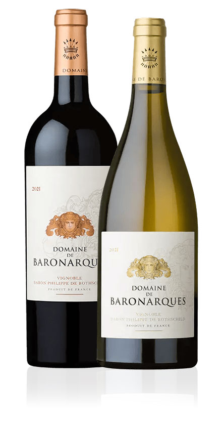 Baronarques red and white wine bottles