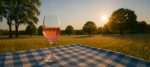 Glass of rosé on picnic blanket in a field