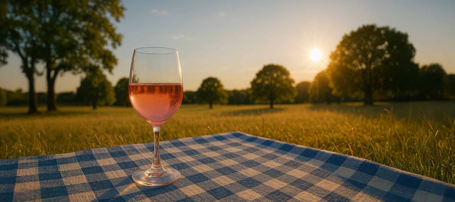 Glass of rosé on picnic blanket in a field