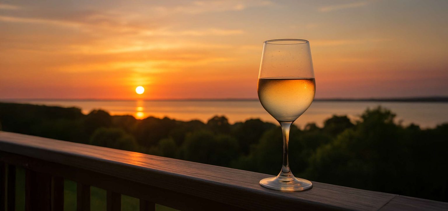 Glass of white wine on a deck at sunset