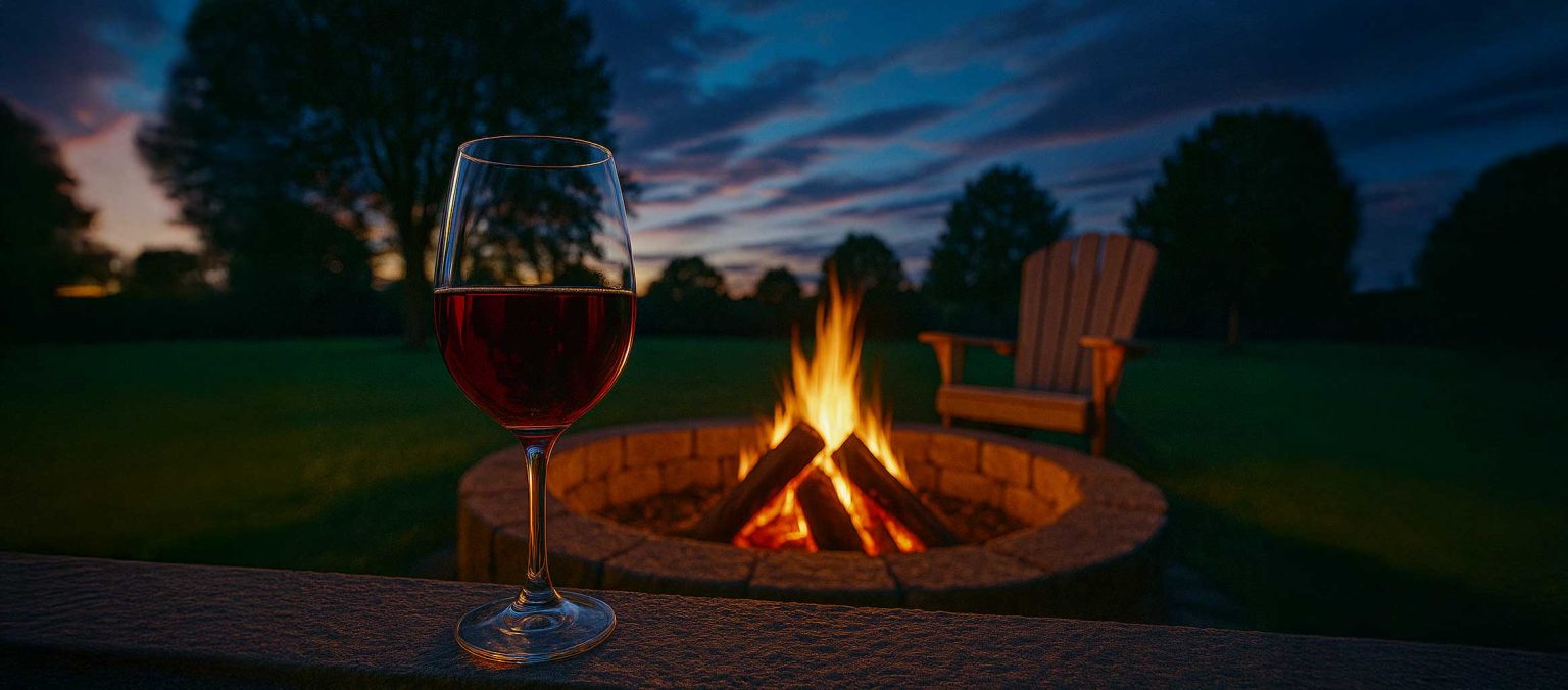Glass of red wine by a backyard fire put at dusk