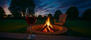 Glass of red wine by a backyard fire put at dusk
