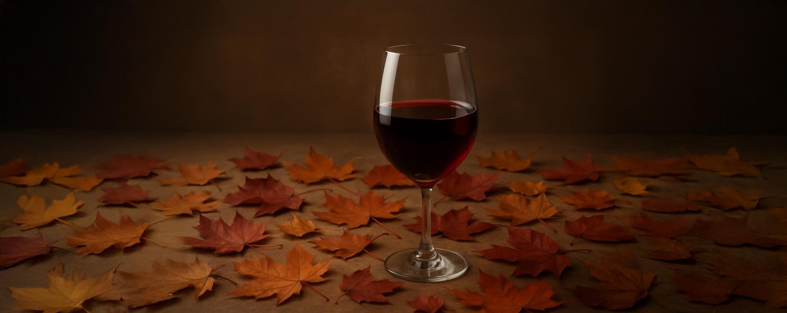 Glass of red wine surrounded by fall leaves