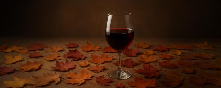Glass of red wine surrounded by fall leaves