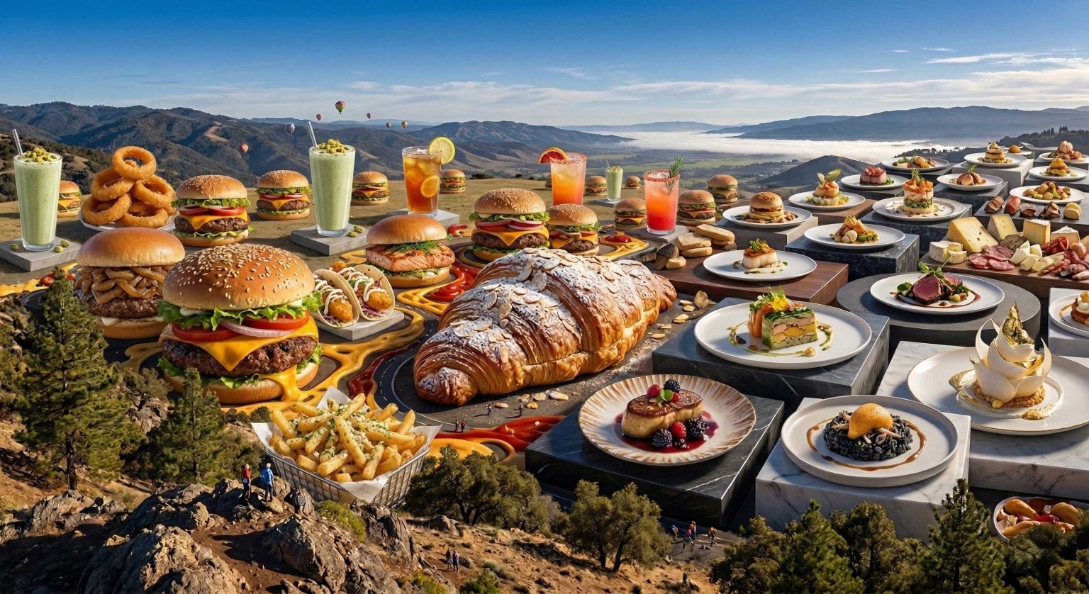 Surreal Napa landscape filled with burgers, croissant, and fine dining dishes