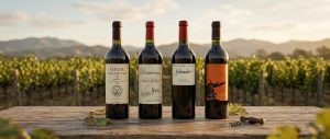 Four iconic Napa Valley red wines — Ovid Hexameter, Dominus Estate Coates & Moueix, Schrader Beckstoffer Yo Roloa Vineyard Cabernet Sauvignon, and Ulysses Napa Valley — displayed on a rustic wooden table against a sun-drenched vineyard backdrop.