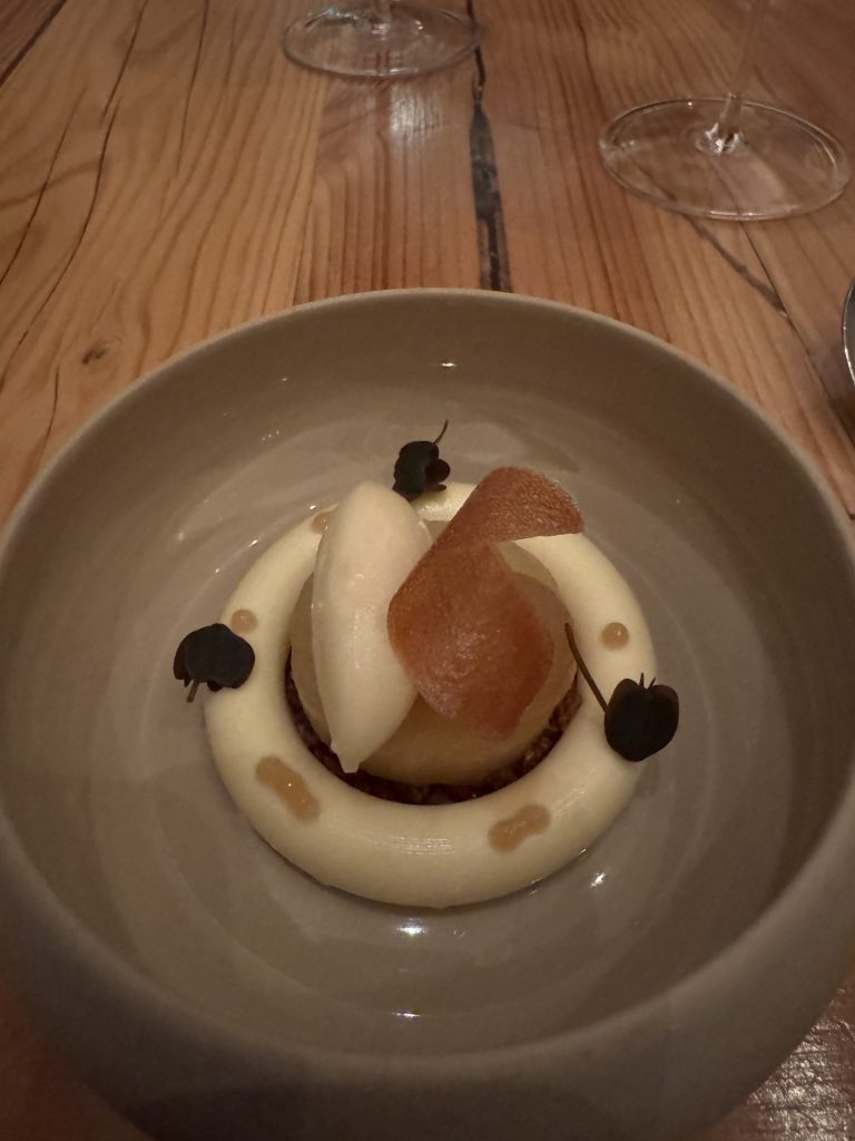 Crispy pastry with sauce and garnish on a plate