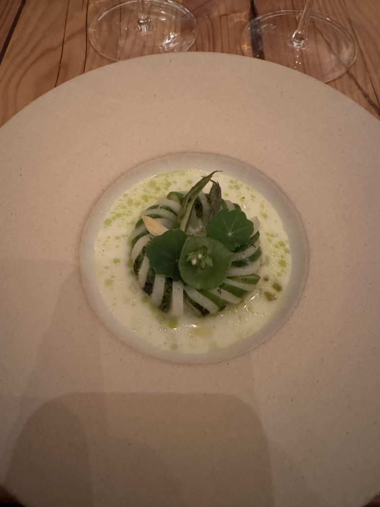 Crispy pastry with sauce and garnish on a plate