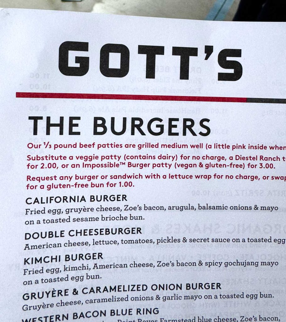 Taylor’s Refresher burger menu