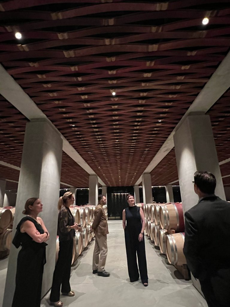 Saratoga Wine Exchange team in the barrel hall at Château Cantemerle, Haut-Médoc, Bordeaux