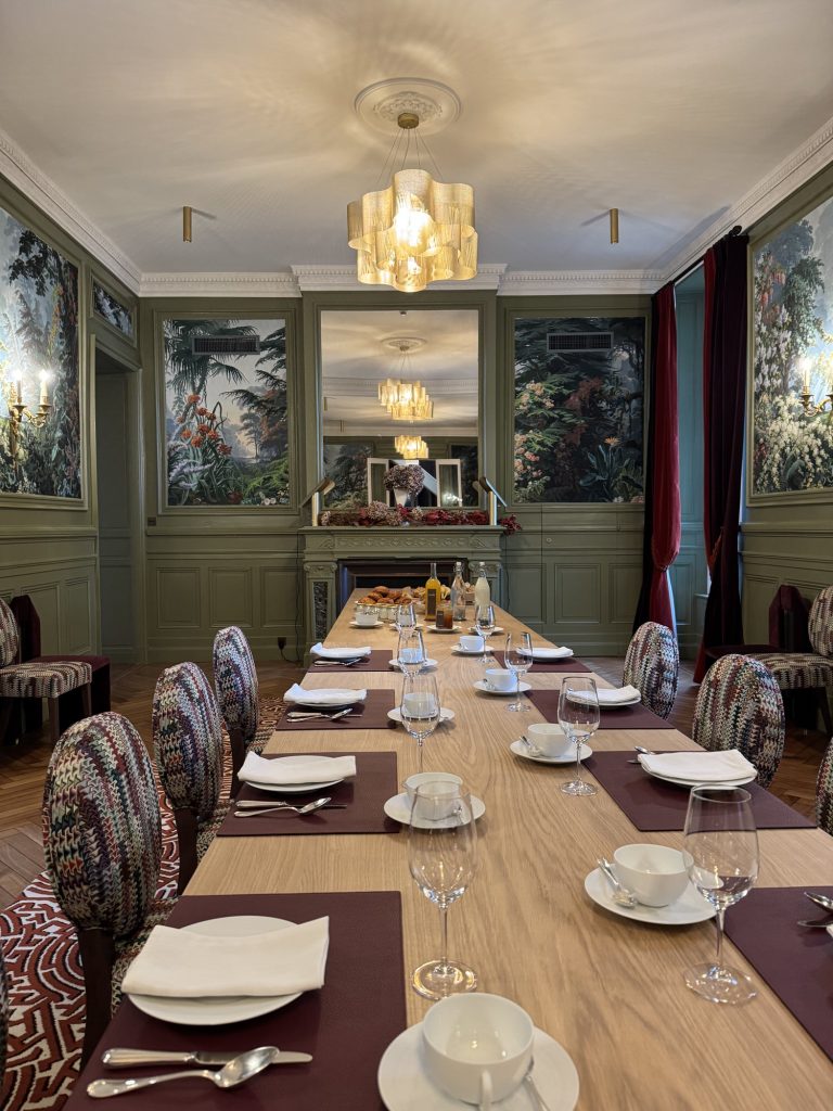 Dining room with tapestry chairs at Château Cantemerle, Haut-Médoc, Bordeaux