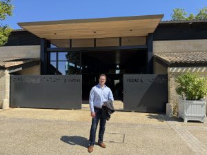 Nick at the Château Figeac entrance gates, Saint-Émilion Premier Grand Cru Classé A, Bordeaux 2025 En Primeur