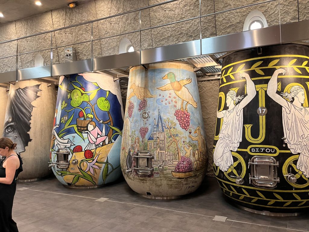 Hand-painted concrete fermentation vats at Château Les Carmes Haut-Brion, Pessac-Léognan, Bordeaux