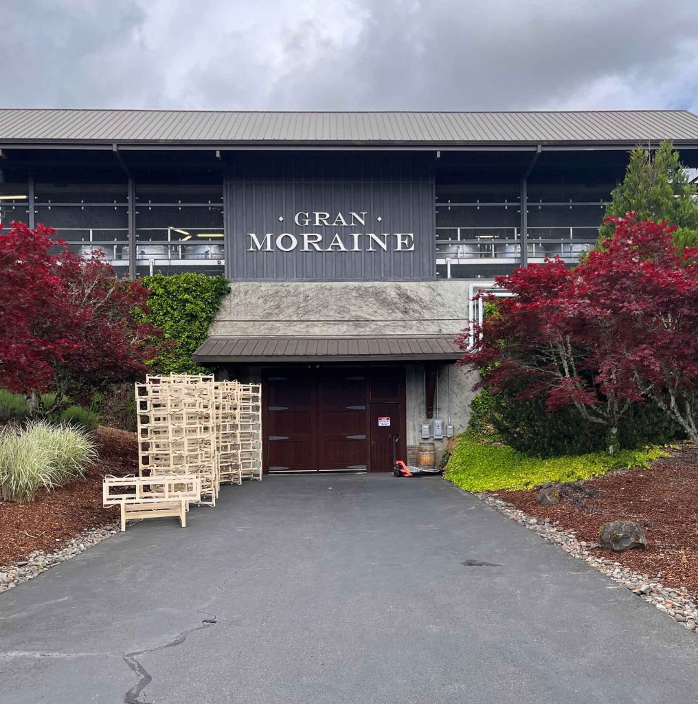 Gran Moraine winery exterior entrance in Yamhill County Oregon with red Japanese maples