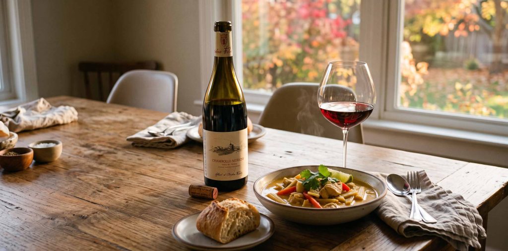 Bottle of Felettig Chambolle-Musigny Vieilles Vignes beside a glass of red Burgundy and a bowl of chicken coconut curry on a fall table